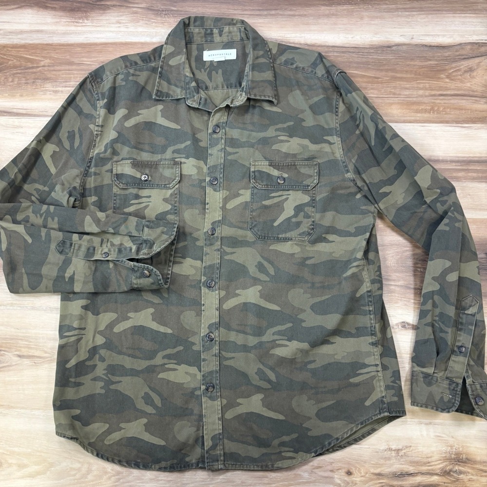 Aeropostale Camo Button Down Men Large 100% Heavy Cotton Utility Green Shirt
